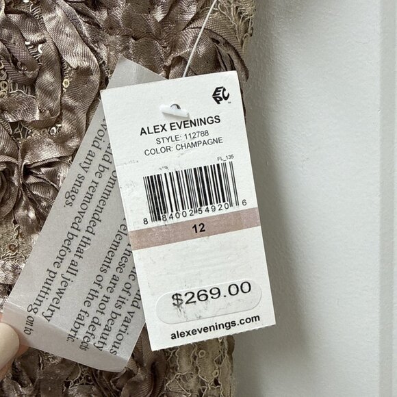 New Alex Evenings Size 12 Beige Embellished Lace Maxi Formal Gown Dress Rosette - Picture 7 of 11
